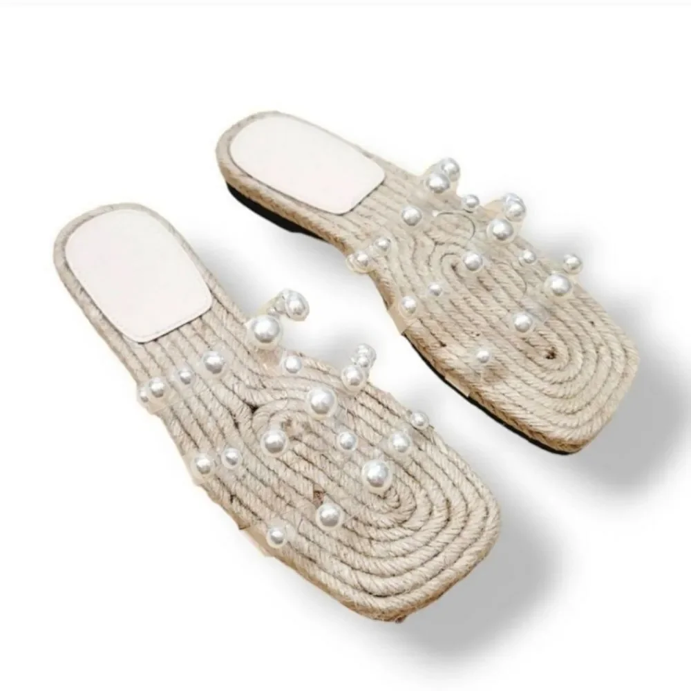 NEW Pearl Transparent Strappy Slip On Square Toe Jute Rope Sandal Size 36/6